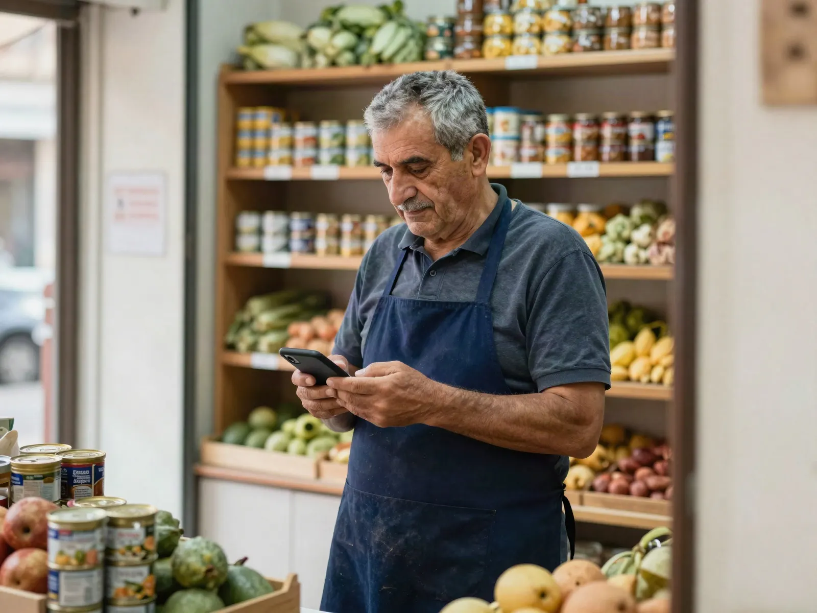 Bakkalında tezgâhın başında telefonuna bakan esnaf